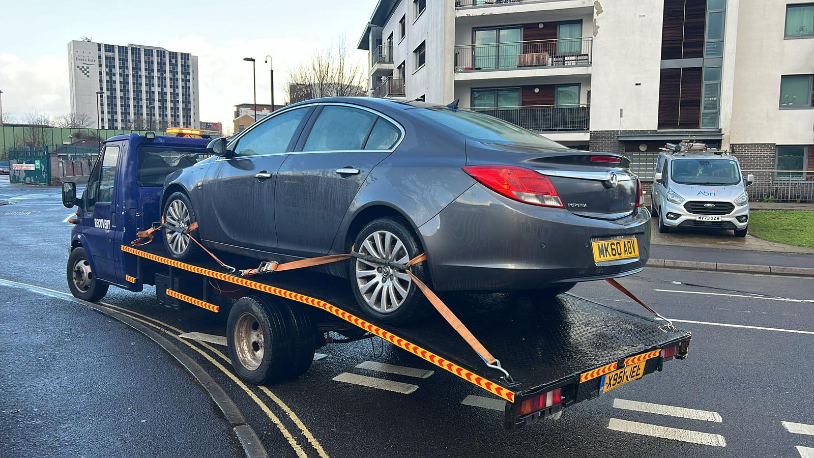 Recovery truck on motorway for cross-country transport